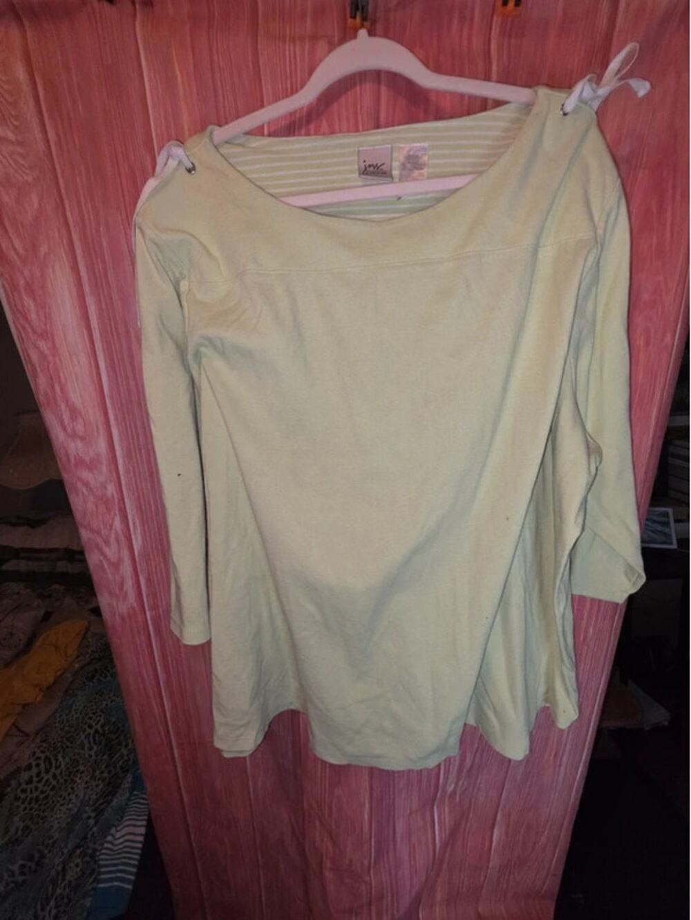 JMS Just My Size Light Lime Green Boatneck Striped Shoulder Tie Top 30/32W
